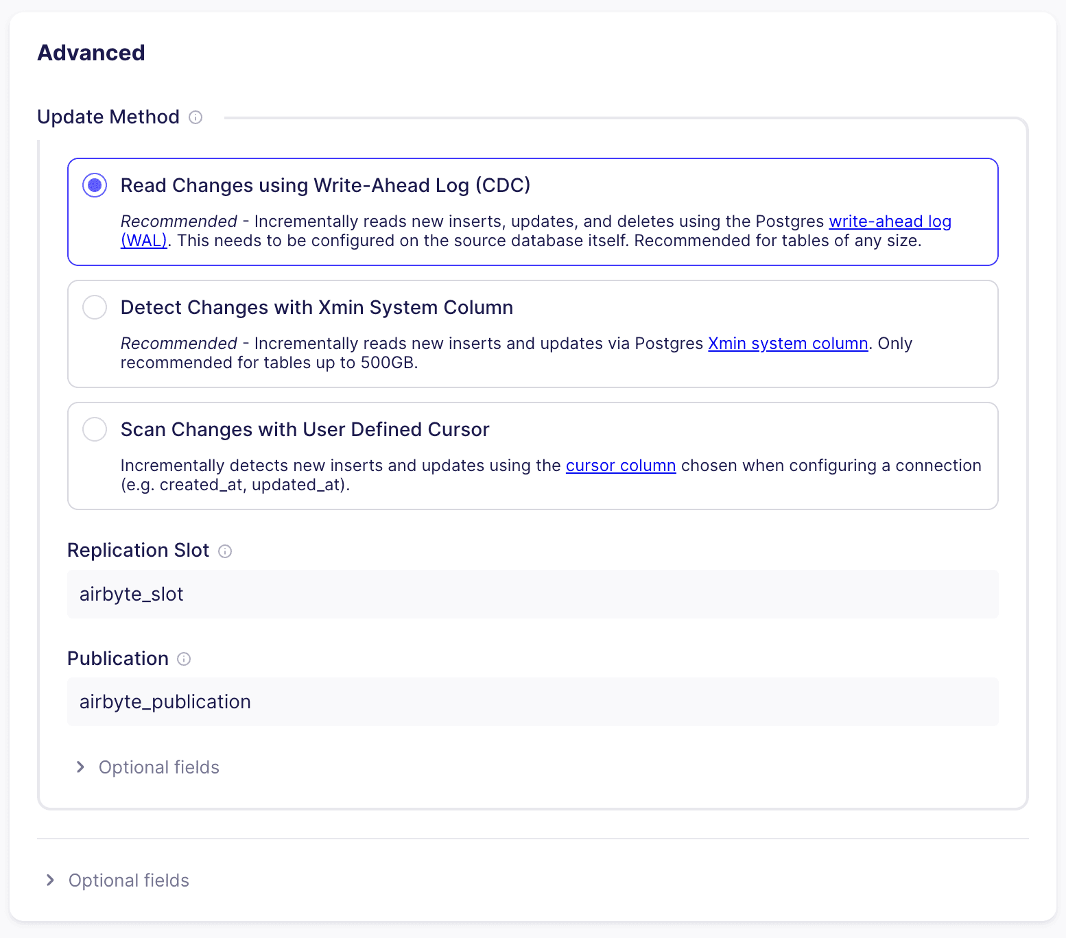 Airbyte advanced fields