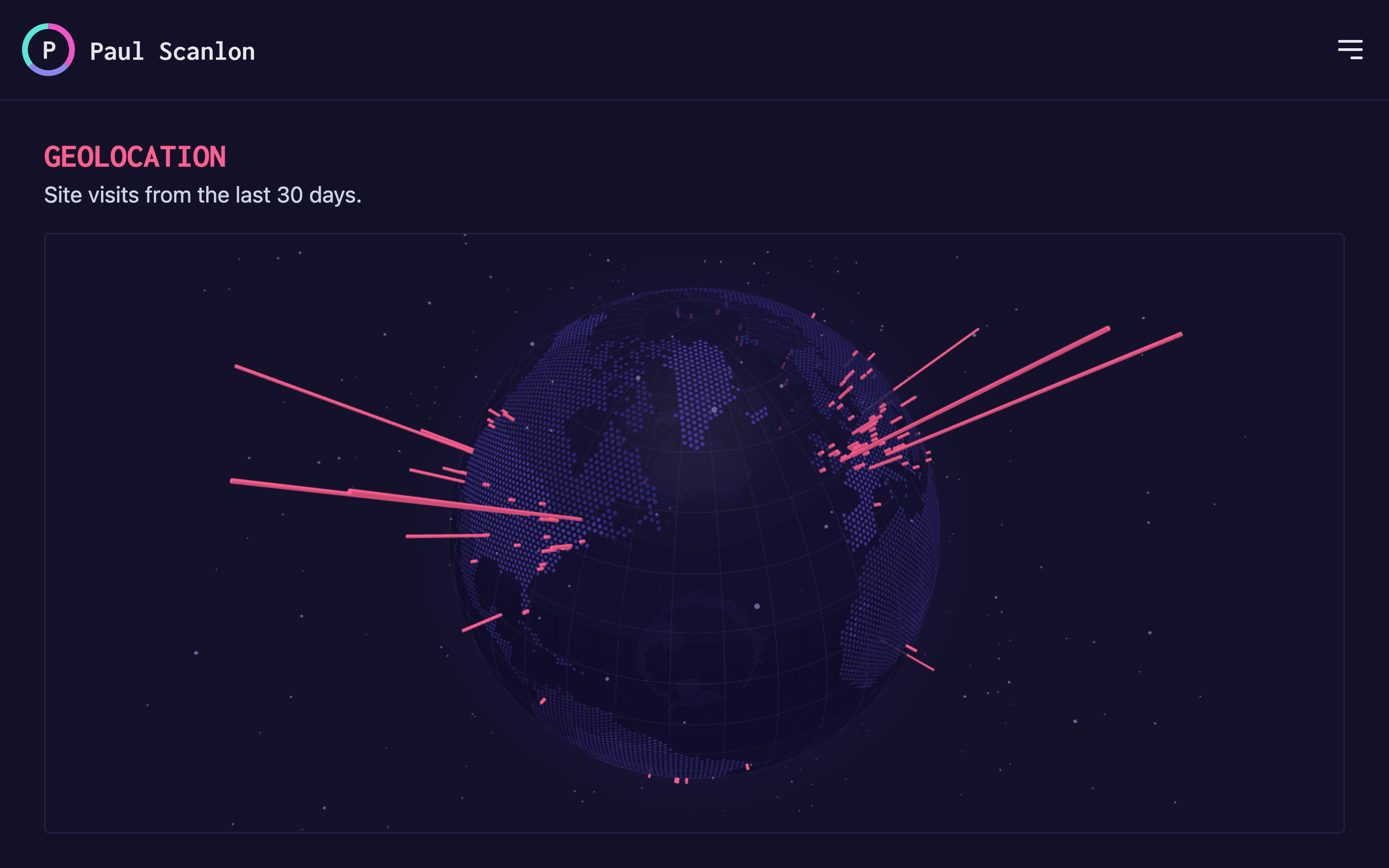 Screenshot of 3D globe showing all city locations from the last 30 days