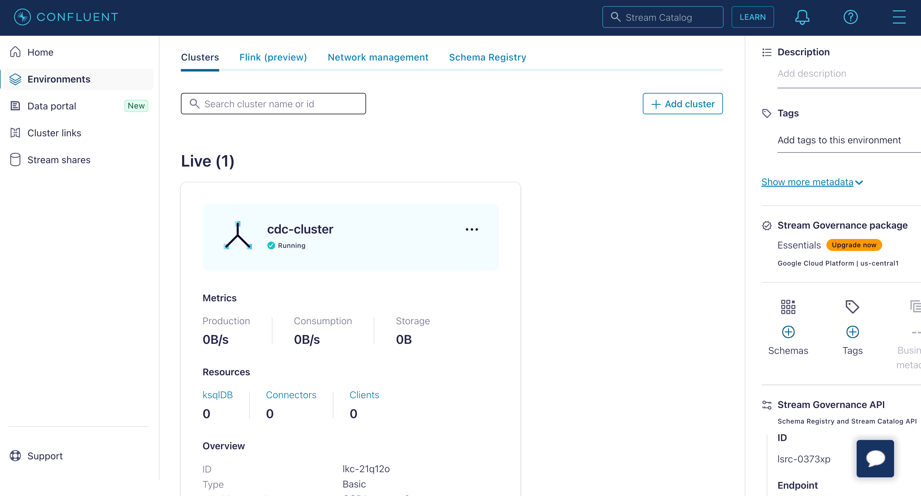 Confluent Cloud showing a basic Apache Kafka cluster.